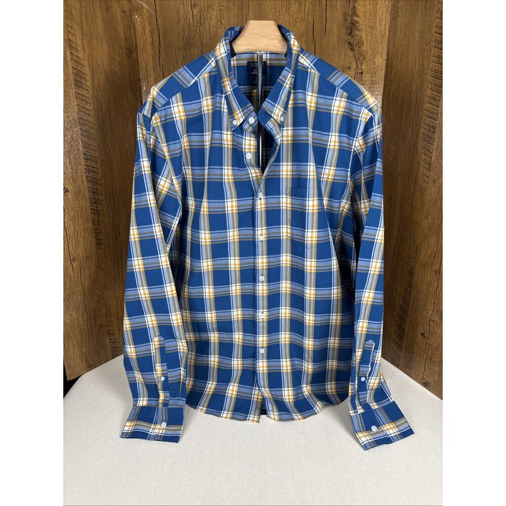 J Crew Mens XL Shirt Flex Wash Button Down Classic Fit Blue Gold Plaid Casual